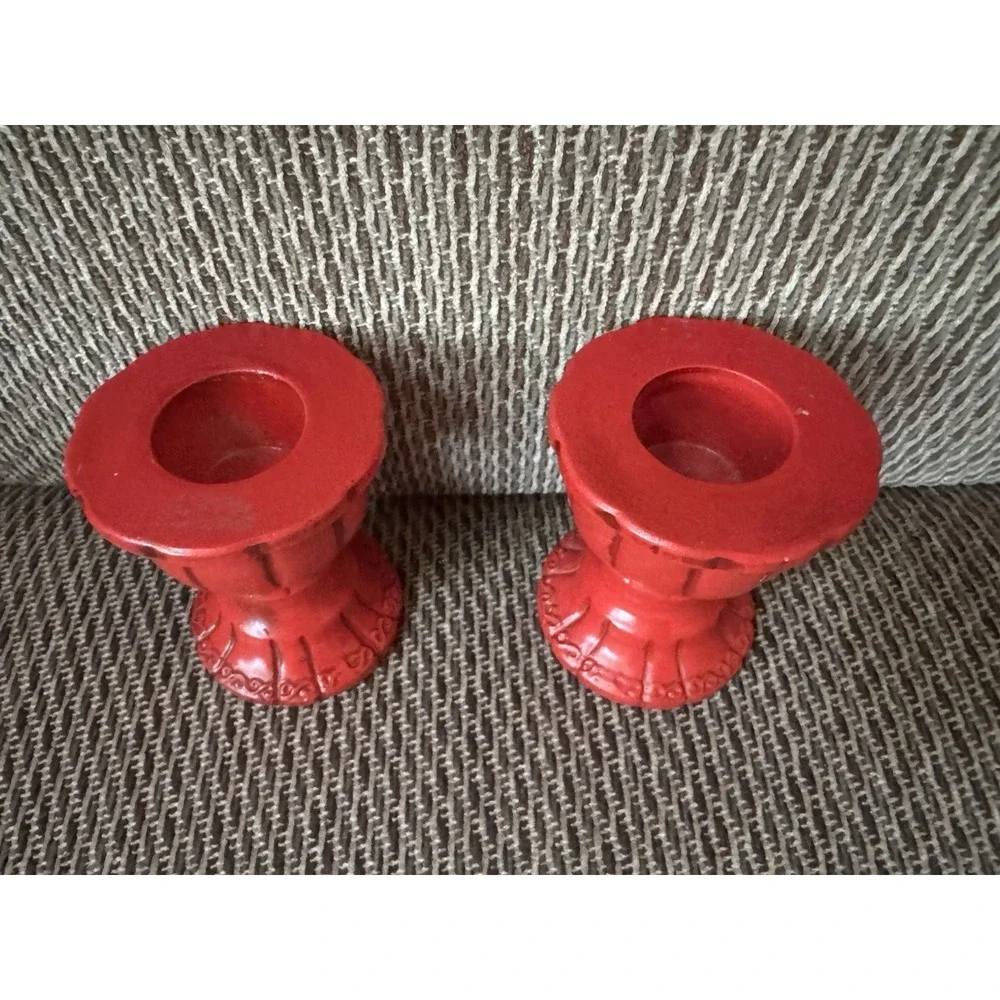 Vintage Pair‎ Red Ceramic Candle Holders Mid Century Modern Japan Boho Decor